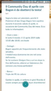 Annuncio in game del Community Day di Aprile (Bagon)